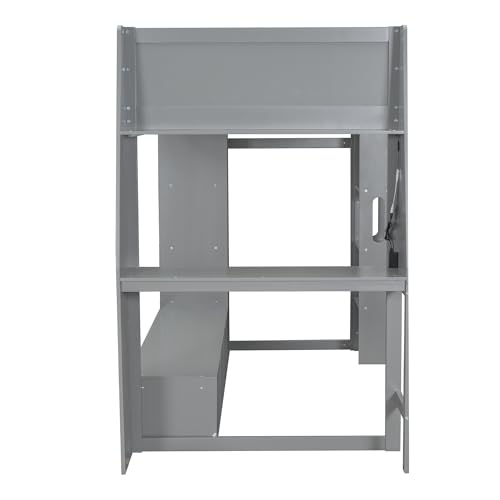 Modern Full Size Gaming Loft Bed with Built-in Desk and Storage Wardrobe, Wood Loft Bed Frame with Light Strip and 2 Drawers