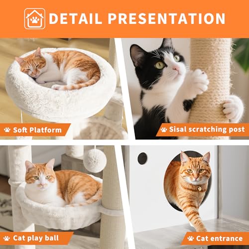Litter Box Enclosure with Cat Tree Tower and Condo,Hidden Pet Washroom Furniture with Sisal Scratching Post,Hammocks,Condo,Multiple Platform