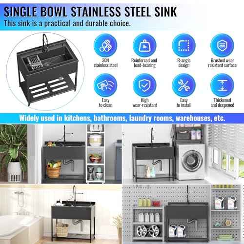 Stainless Steel Utility Sink, 36.6" × 24.2" × 36.6"Freestanding Sink with Cold and Hot Water Faucet,Hoses and Drain Kit for Kitchens, Bathrooms
