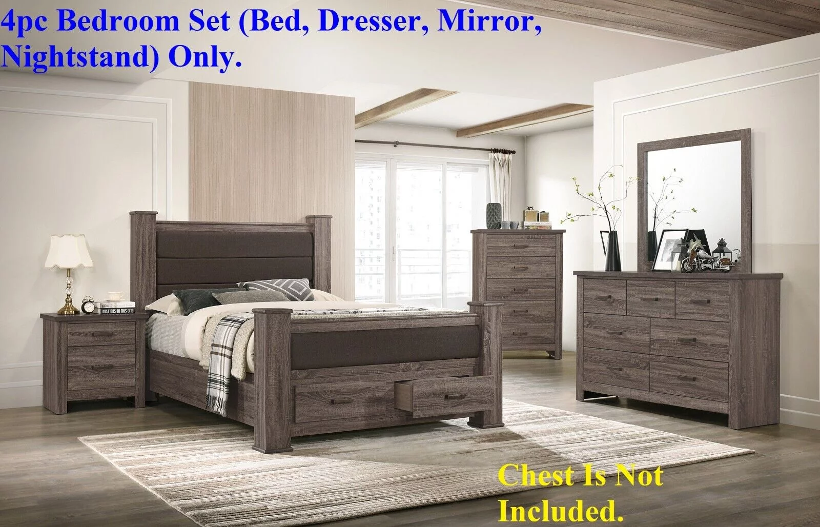 Transitional Elegant Wooden 4pc Bedroom Set Eastern King Size Bed w Drawers Dresser Mirror Nightstand Bedroom Furniture