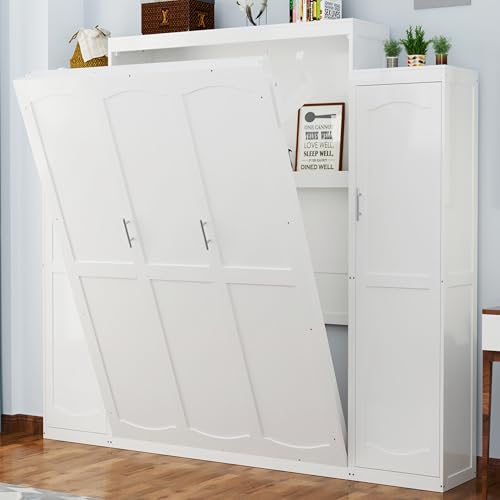 Harper & Bright Designs Full Size Murphy Bed, Wood Full Wall Bed with Two Closets and Storage Shelf