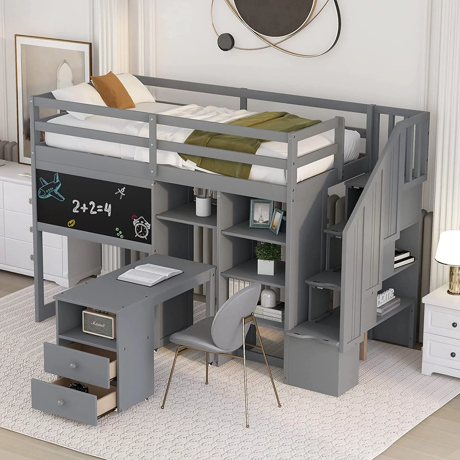 Churanty Twin Size Loft Bed with Pullable Desk and Storage, Wood Loft Bed with Staircase and Blackboard for Kids Teens Adults,Grey