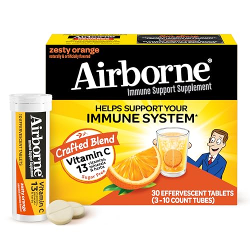 Airborne 1000mg Vitamin C with Zinc, SUGAR FREE Effervescent Tablets, Immune Support Supplement with Powerful Antioxidants Vitamins A C & E