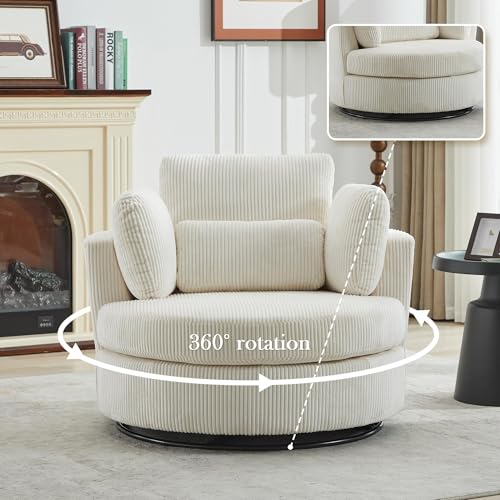 Aoiy & Wifon 42.2" W Oversized Swivel Barrel Chair with Ottoman, Upholstered Round Accent Chair with Storage Ottoman, Chenille, Beige