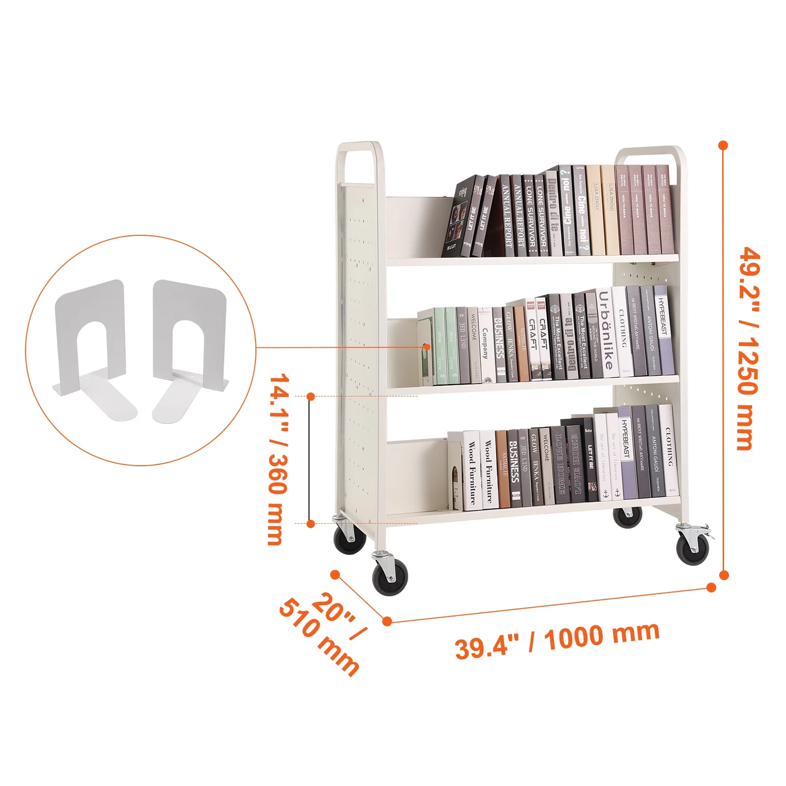 SKYSHALO Book Cart Library Cart 330 lbs Capacity with W-Shaped Shelves in White - Curated Treasures Market