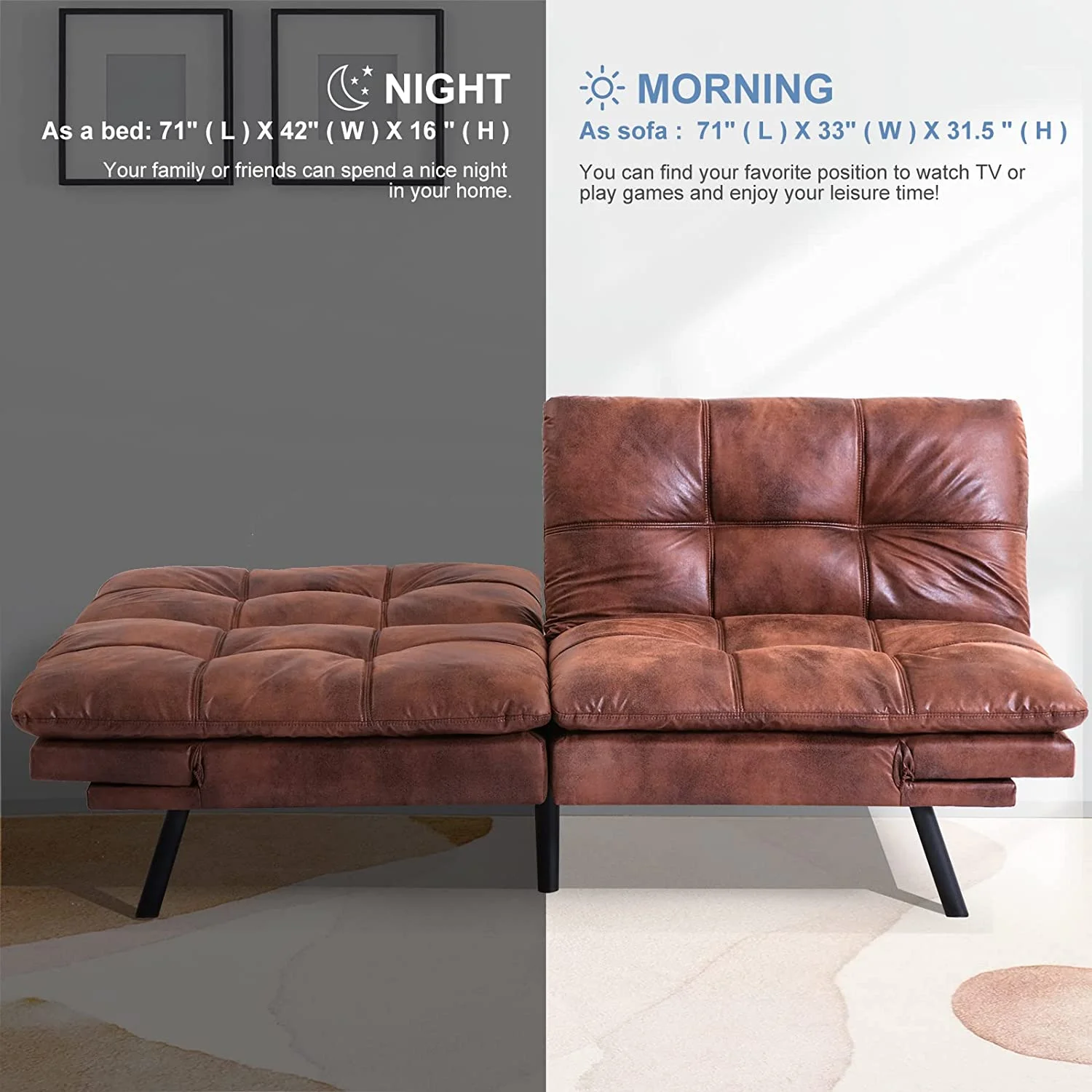RUNFAYBIU Futon Sofa Bed Memory Foam Futon Couch Bed Sofa Sleeper Modern Convertible Faux Leather Futon for Living Room Small Love seat for Apartment