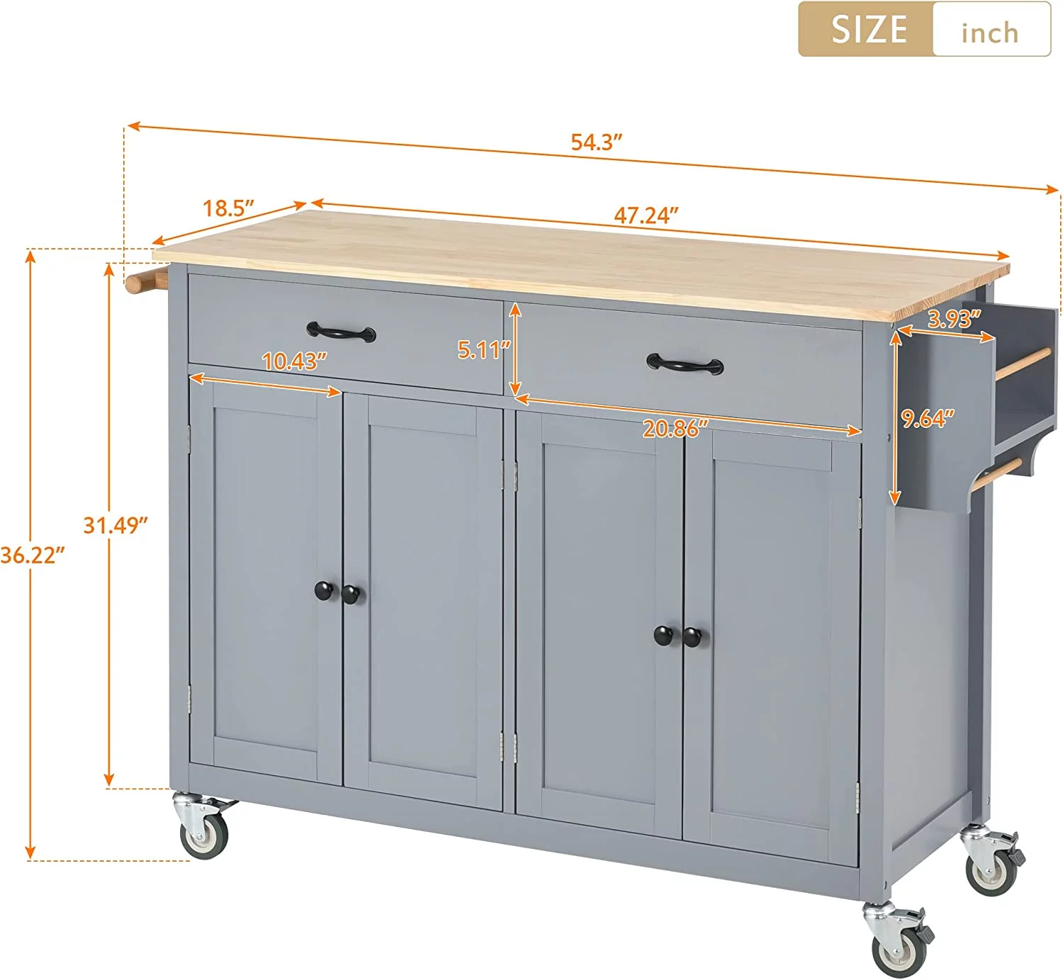 Large Kitchen Island With Solid Wood Top, Storage Cabinets And Drawers, Mobile Kitchen Island Cart With Spice Rack And Towel Rack