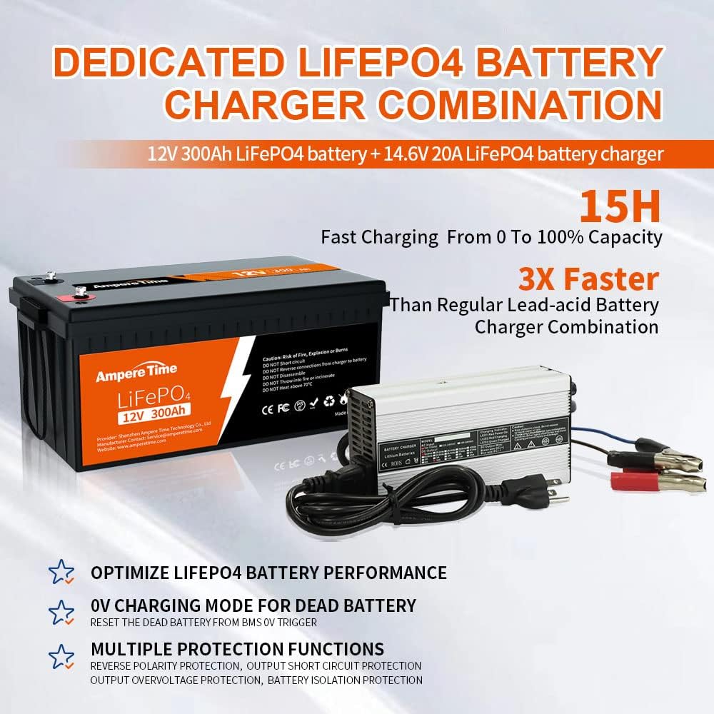 Ampere Time 12V 300Ah LiFePO4 Battery with 14.6V 20A Dedicated Lithium Battery Charger, Max 2560W Power Output, Built-in 200A BMS, 4000+ Cycles