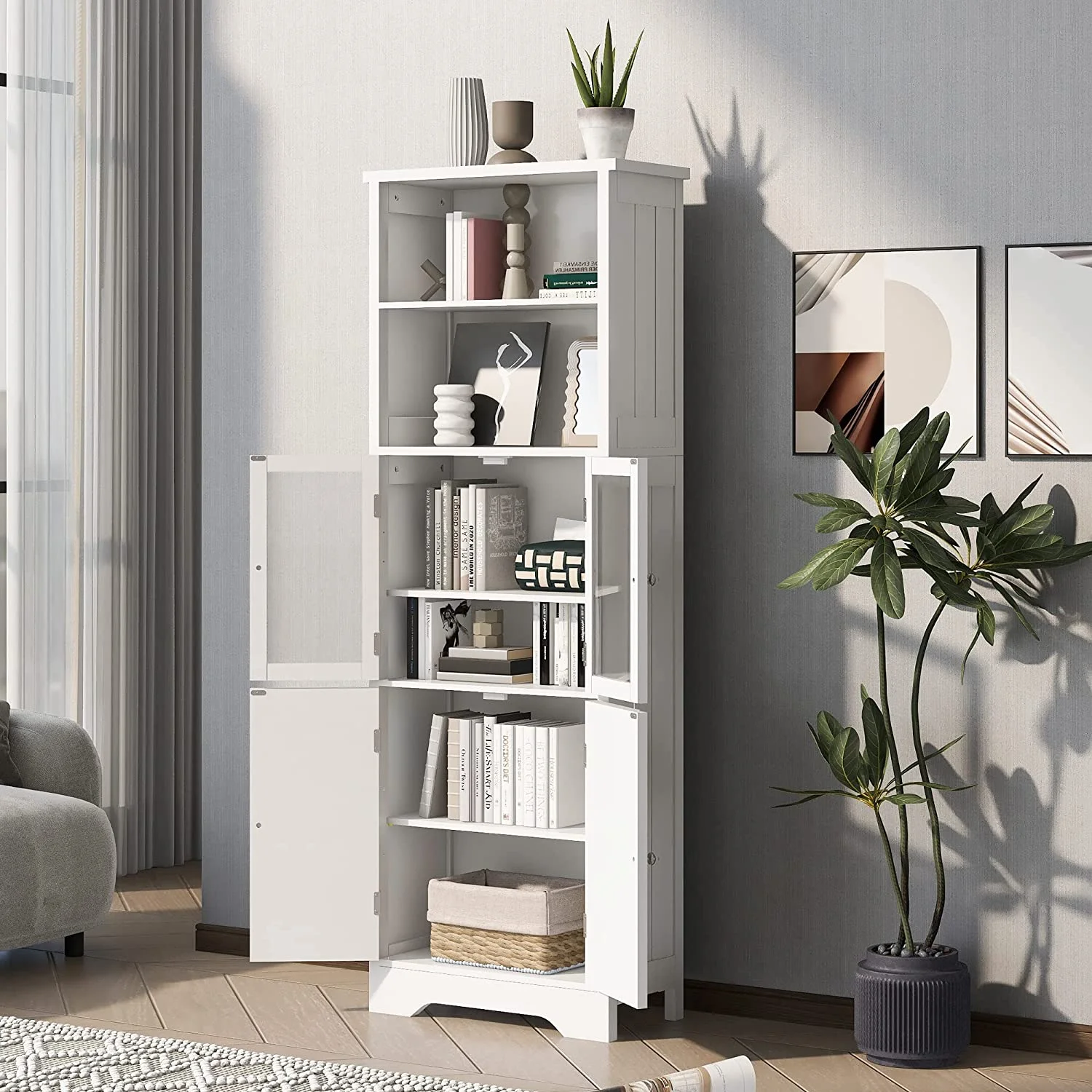 WANHUI, White Storage Cabinet with Glass Doors, Open Bookcase, Pantry Cupboard, Freestanding Organizer Display for Bathroom, Kitchen, Office
