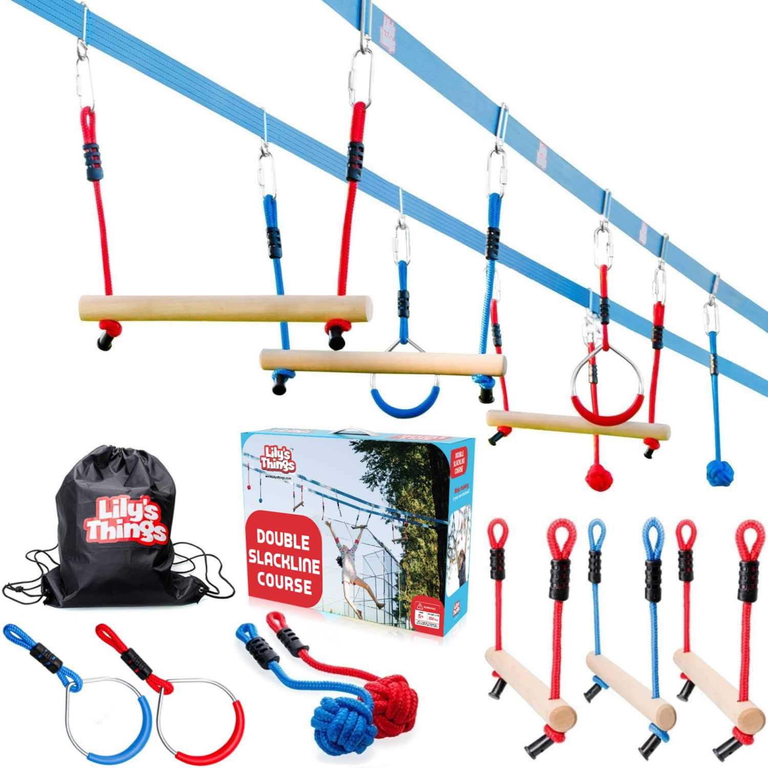Double Ninja Slackline Obstacle Course for Kids 80 Foot Line - Sports Supplies Online Store