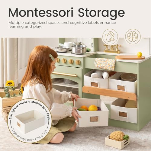 Tiny Land Play Kitchen for Kids with Enhanced Storage – Modern Toddler Kitchen Playset with Stove, Sink & Accessories, Organized Wooden Toy Kitchen