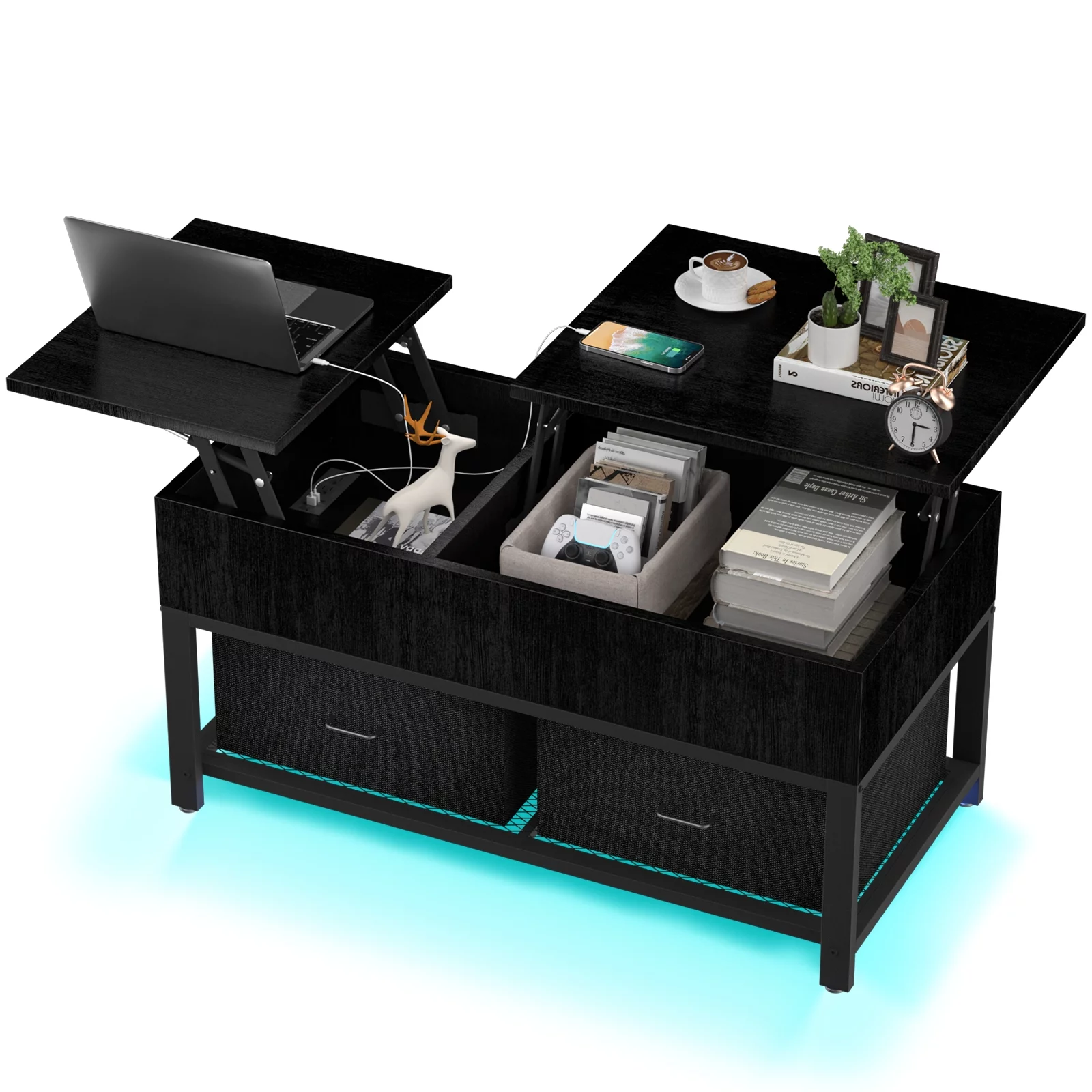 Hasipu Lift Top Coffee Table with Storage for Living Room LED Furniture ,39.4" Modern Square Center Tables with USB Charging Port, Black