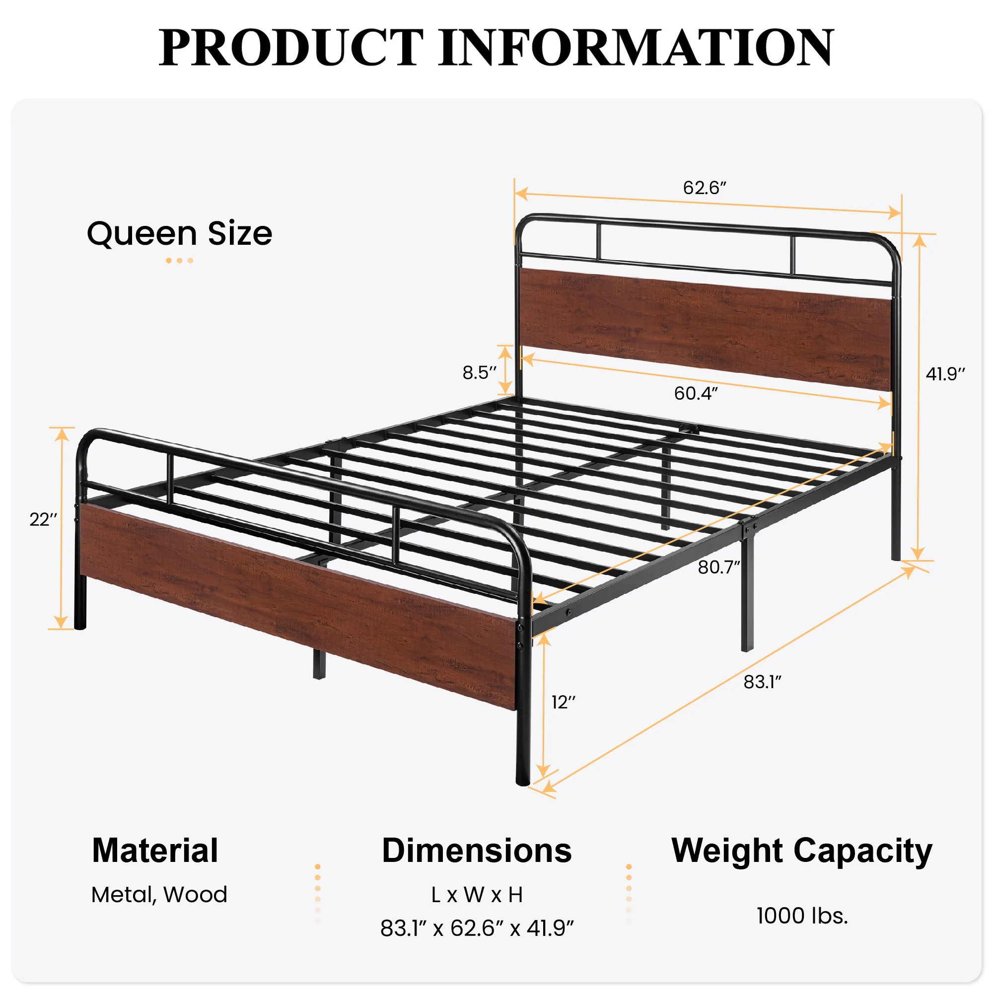 Sha Cerlin Dark Brown Queen Size Metal Platform Bed Frame with Industrial Heavy Duty Wooden Headboard