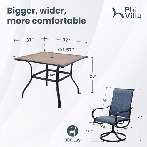PHI VILLA 5 PCS Outdoor Patio Dining Set with Swivel Dining Chairs (Blue) and 37"x 37" Metal Steel Dining Table(1.57" Umbrella Hole)