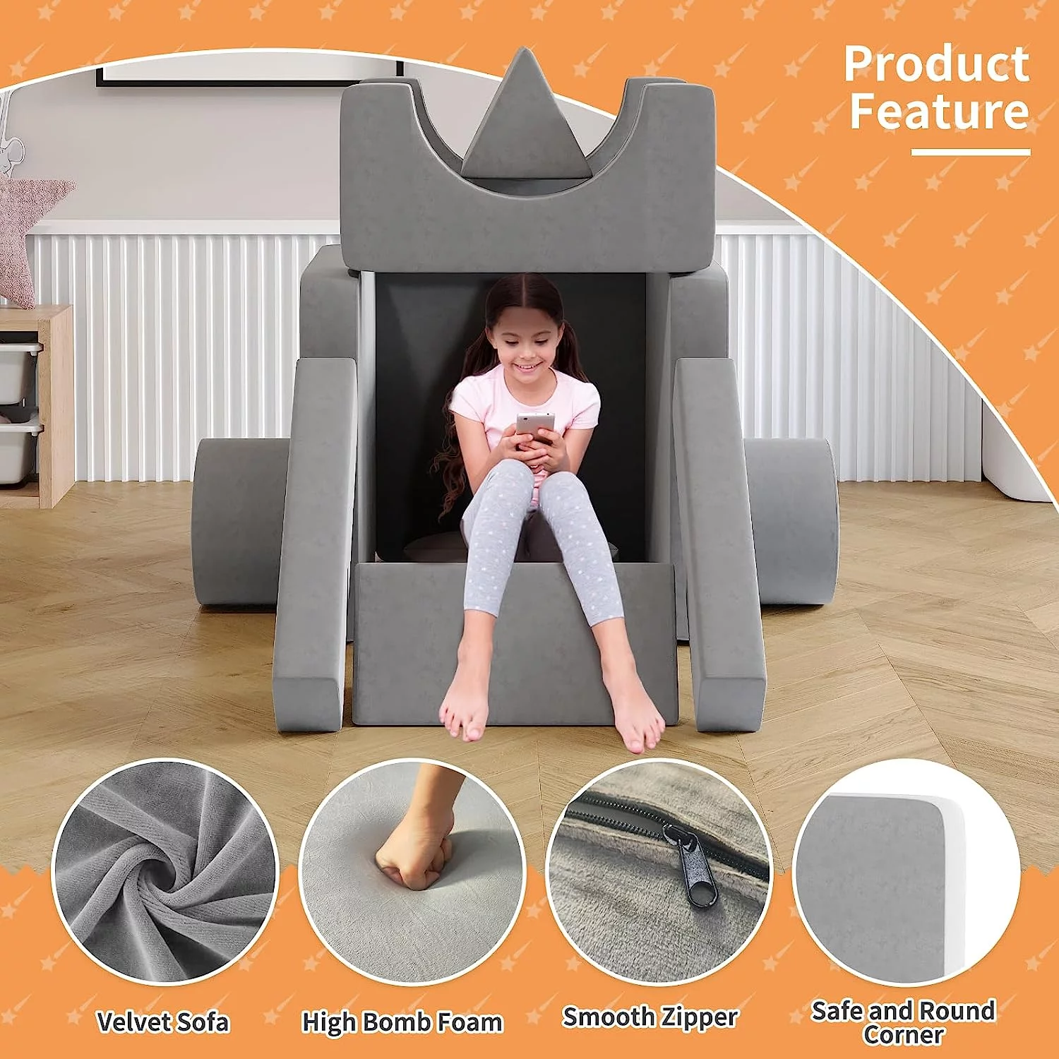 13Pcs Kids Couch, Wanan Toddler Couch Kids Sofa Couch, Kids Fold Out Couch for Playroom Bedroom, Modular Couch for Boys and Girls
