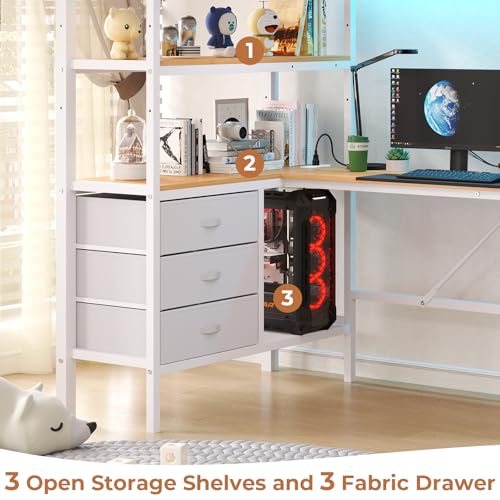DICTAC Loft Bed Full Size with L-Shaped Desk and Charging Station Full Metal Bed Frame with LED Lights,Open Shelves and 3 Fabric Storage Drawers