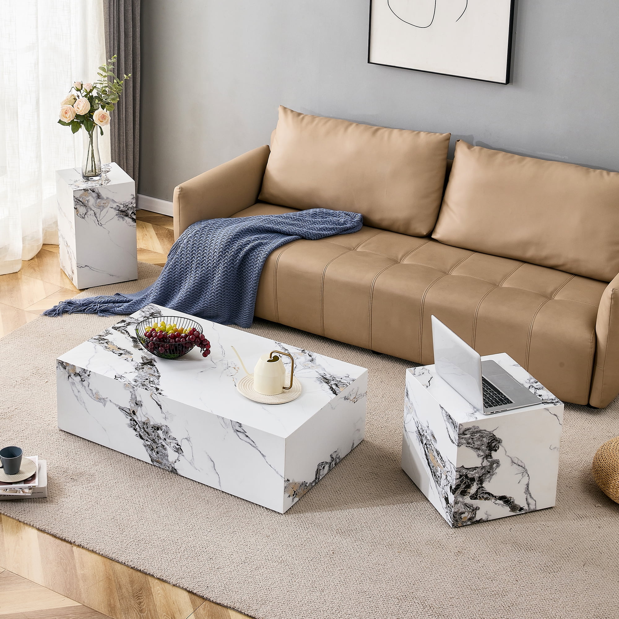 15.75 inches Modern White Cube Coffee Table - Stylish Texture Design, MDF + Sticker Material Construction