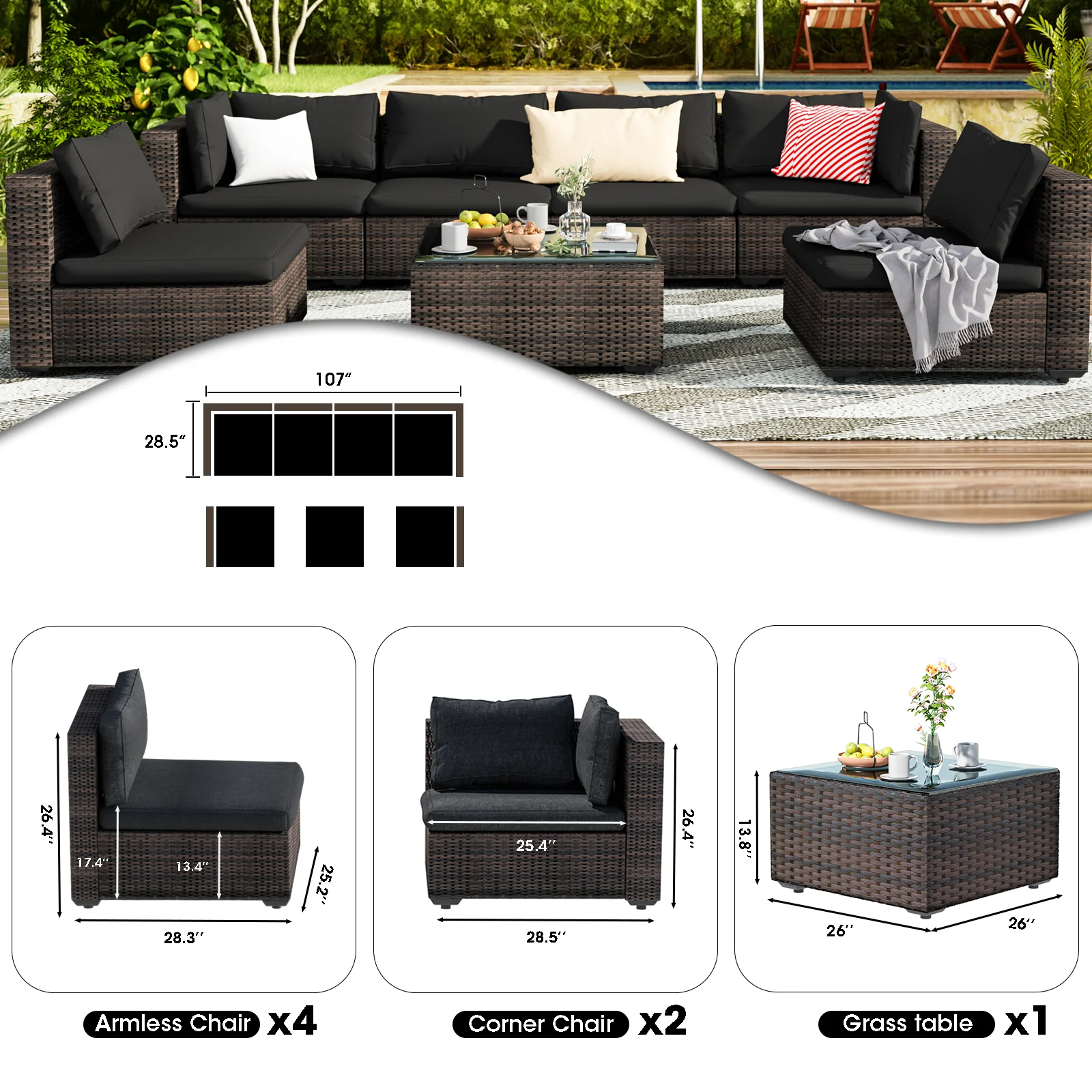 Grezone 7 Patio Outdoor Furniture Wicker Sectional Sofa Couch Lawn Sectional, Black - Radiant Selections