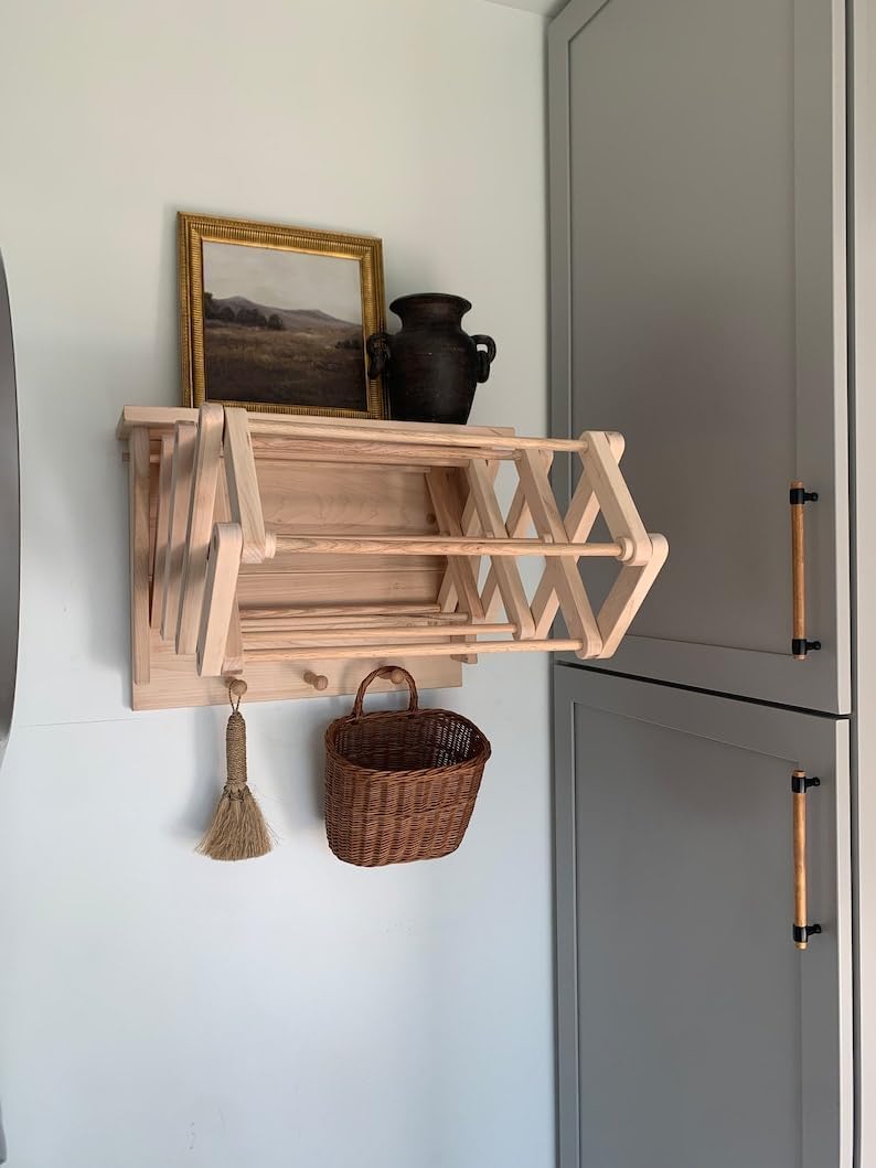 Handmade Wooden Shelf Wall Mounted Clothing Drying Rack COLLAPSABLE with Peg Hooks 21” x 16”