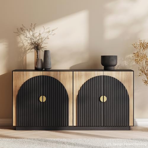 BELLEZE 65 Inch Fluted Buffet Cabinet with Storage, Symmetrical Arc Accent Sideboard Large Console Table for Dining Room, Kitchen
