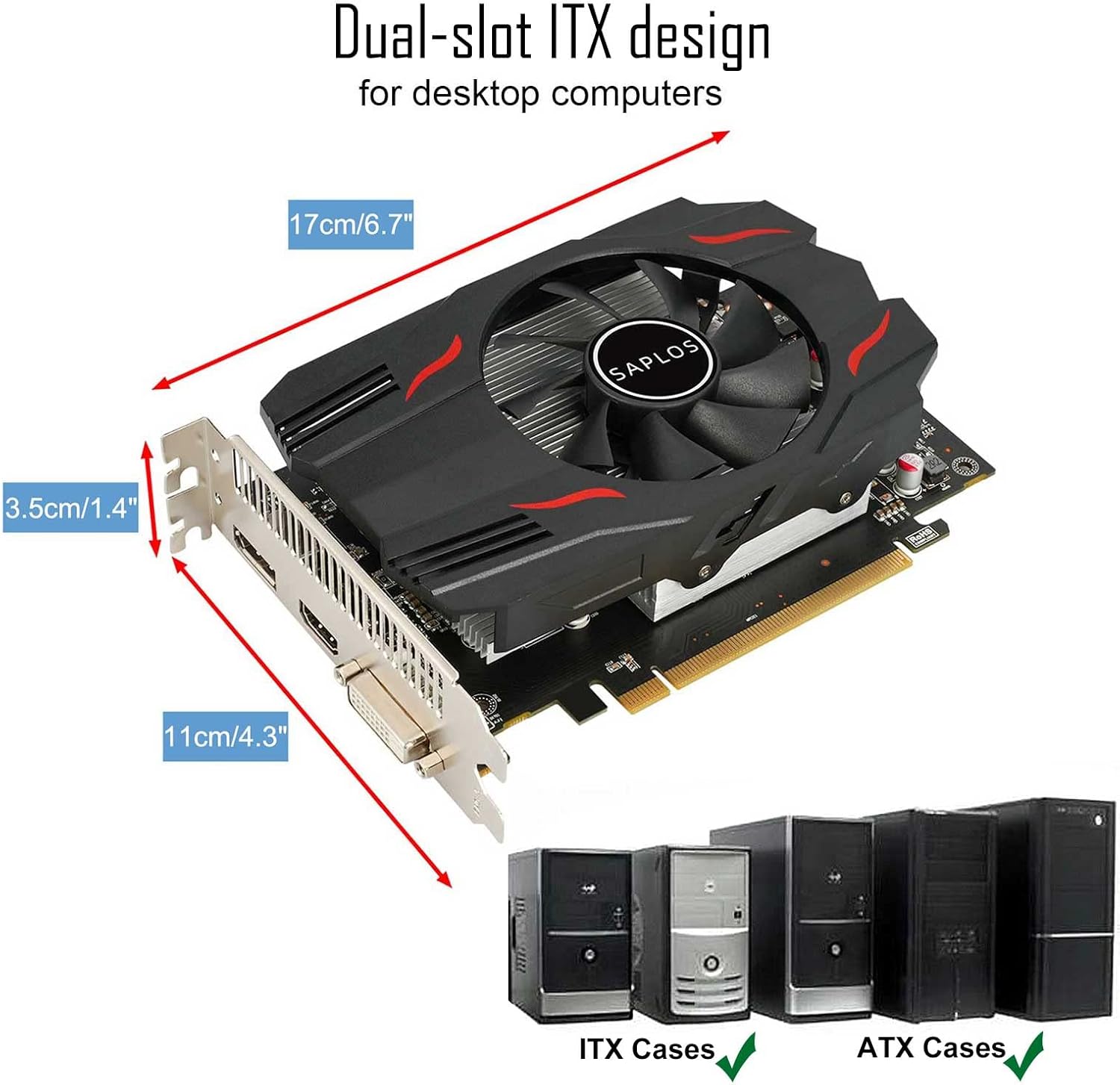 SAPLOS Radeon RX 550 Low Profile Graphics Card, 4GB, GDDR5, 128-bit, VGA/DVI-D/HDMI, Video Card for PC Gaming, 4k@60Hz Output, Computer GPU