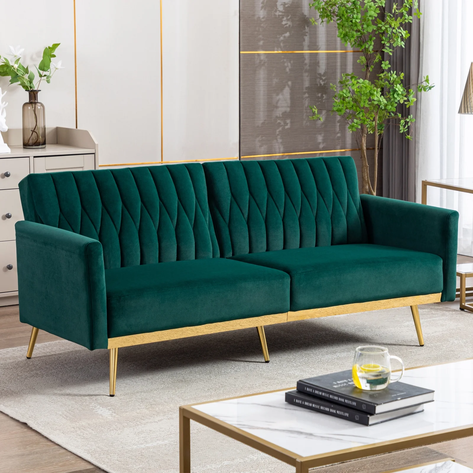 TTGIEET Velvet Convertible Futon Sofa Bed with Golden Metal Legs