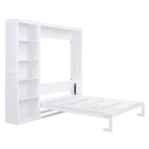 Harper & Bright Designs Full Size Murphy Bed Wall Bed with Storage Shelves, Drawers and LED Lights