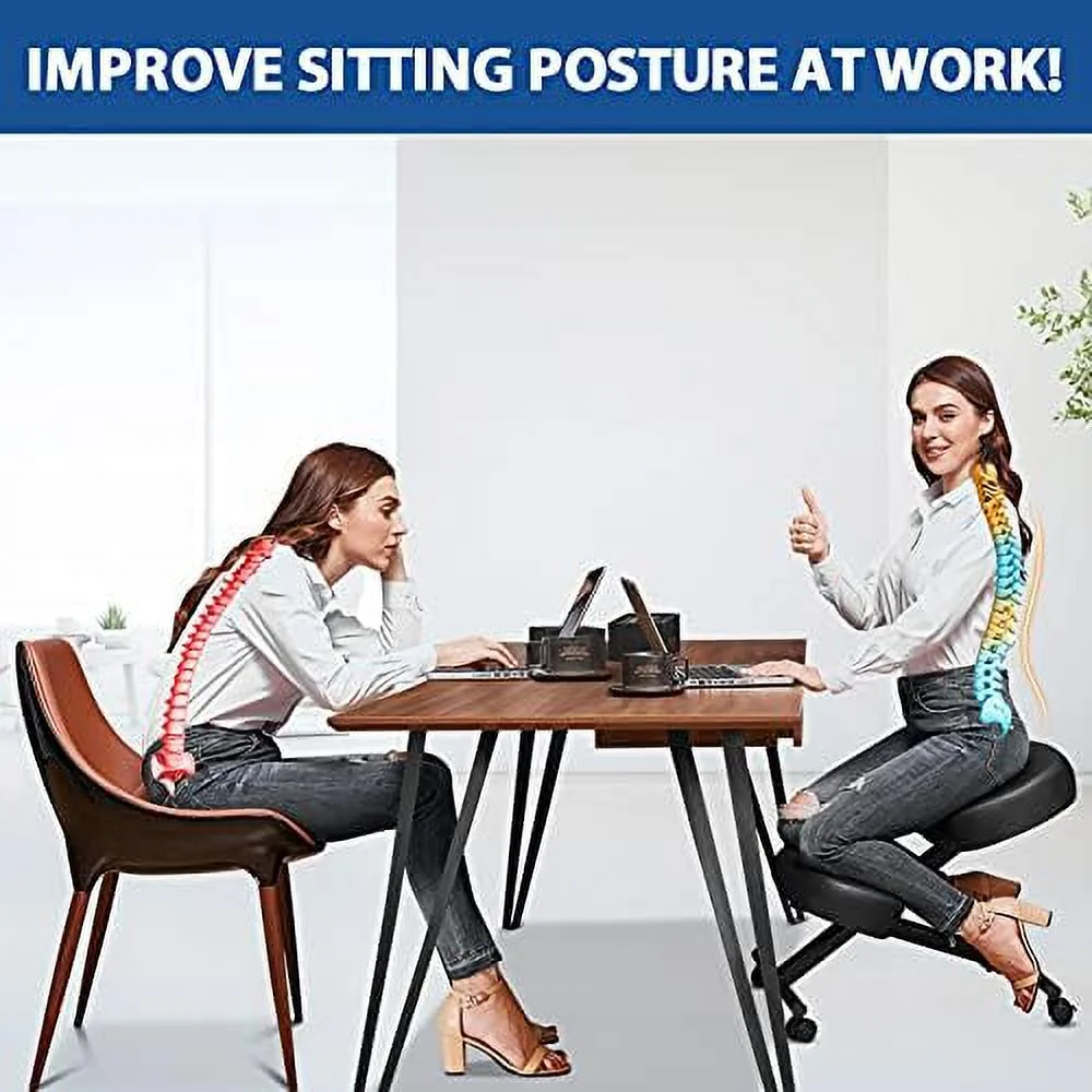 Ergonomic Office Kneeling Chair  Height Adjustable Stool with Thick Foam Cushions and Smooth Gliding Casters to Improve Posture and Relieve Pain