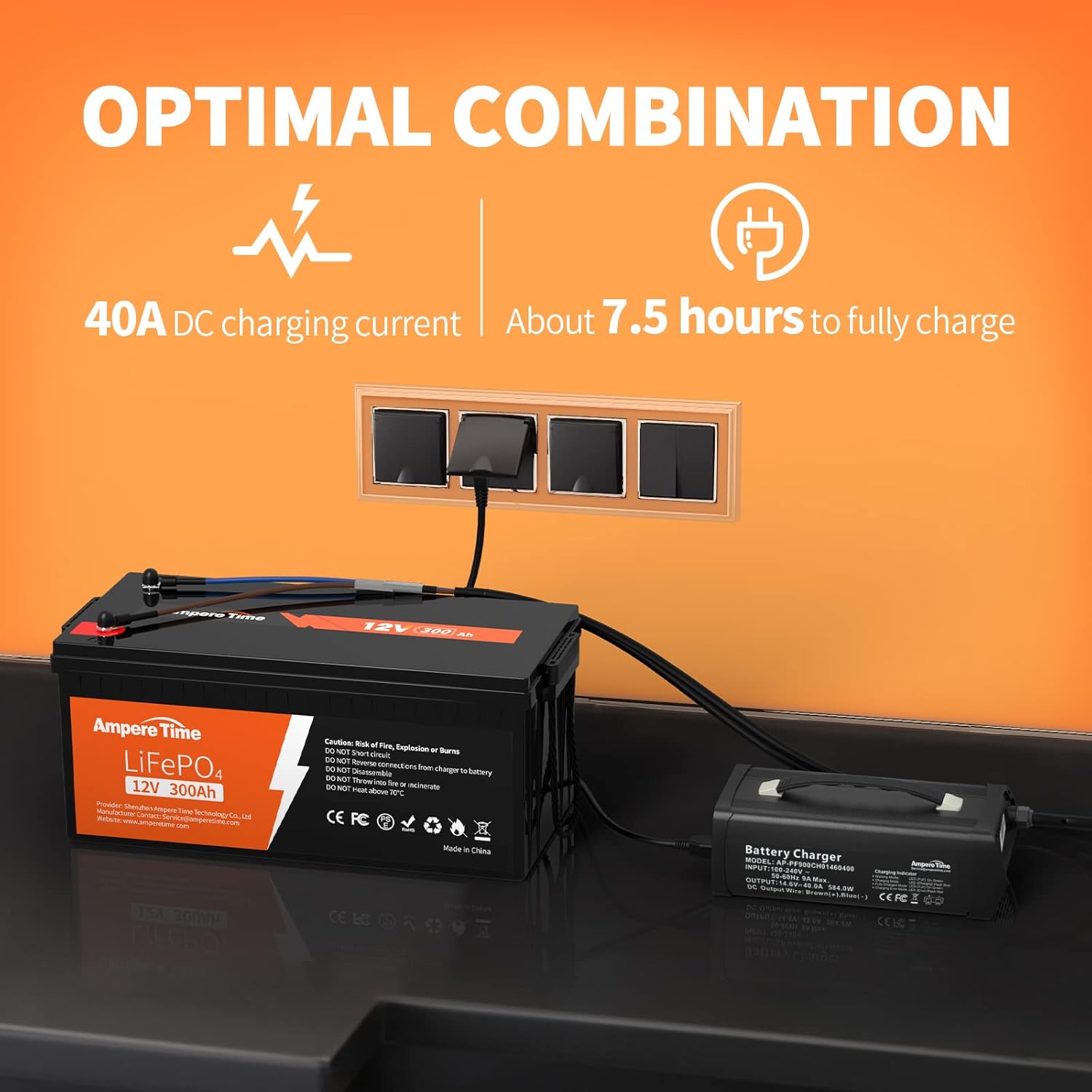 Ampere Time 12V 200Ah LiFePO4 Battery with 14.6V 20A Dedicated Lithium Battery Charger; Built-in 200A BMS, 4000+ Cycles, Perfect for RV, Solar