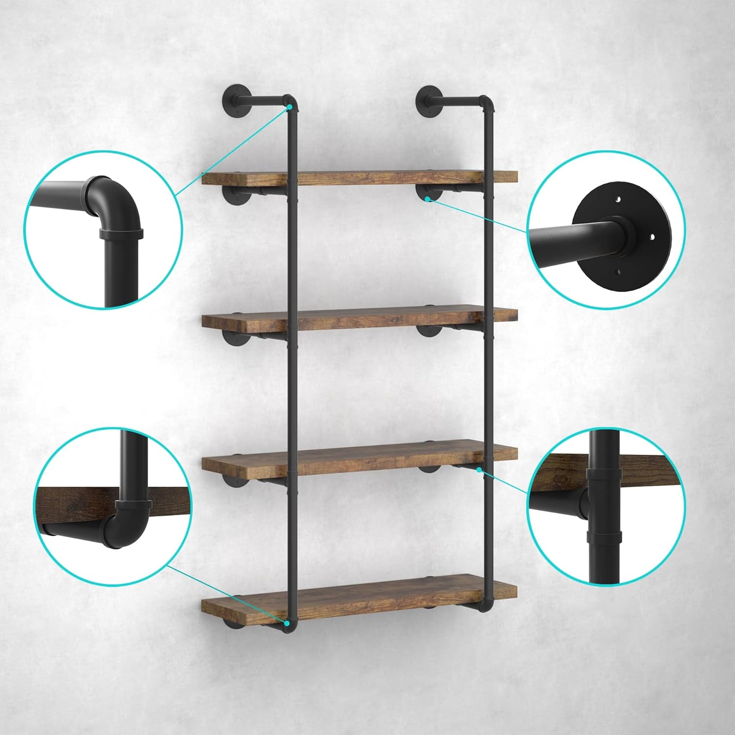 CADMIC Industrial Wall Mount Iron Pipe Shelf for Office Room Kitchen DIY Open Bookshelf Retro Black Storage Shelves Pipe Shelving Hung Bracket (3