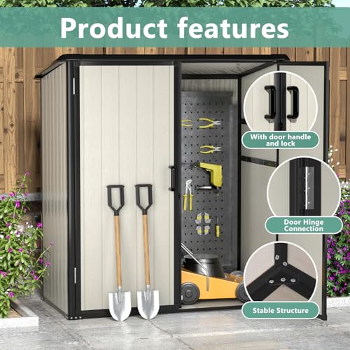 Aoxun Outdoor Storage Shed 5 x 3FT, Resin Shed with Floor and Lockable Door, Plastic Sheds for Garbage Can, Tool, Accessories, Lawn, Garden - Grey