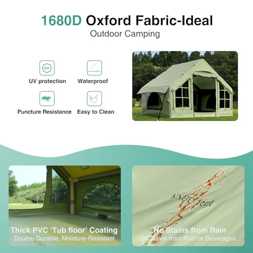 2025 Upgraded Waterproof Inflatable Camping Tent, Large Blow-Up Air Tent, No Assembly Needed Luxury Glamping House, Oxford Fabric