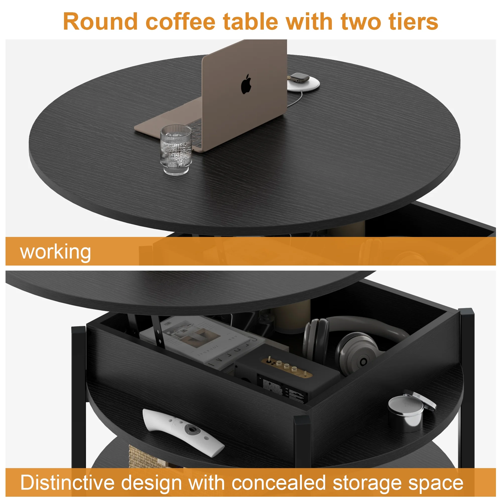 GUNAITO Round Lift Top Coffee Table with Storage Modern Farmhouse Center Table with Shelf Small Circle Table for Living Room for Living Room Black