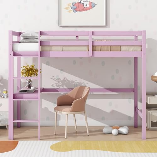 Low Loft Bed Twin Size, Kids Solid Wood Modern Loft Bed Frame with Ladder and Safety Guardrail for Girls Boys, Noise-Free,Non-Toxic Finishes