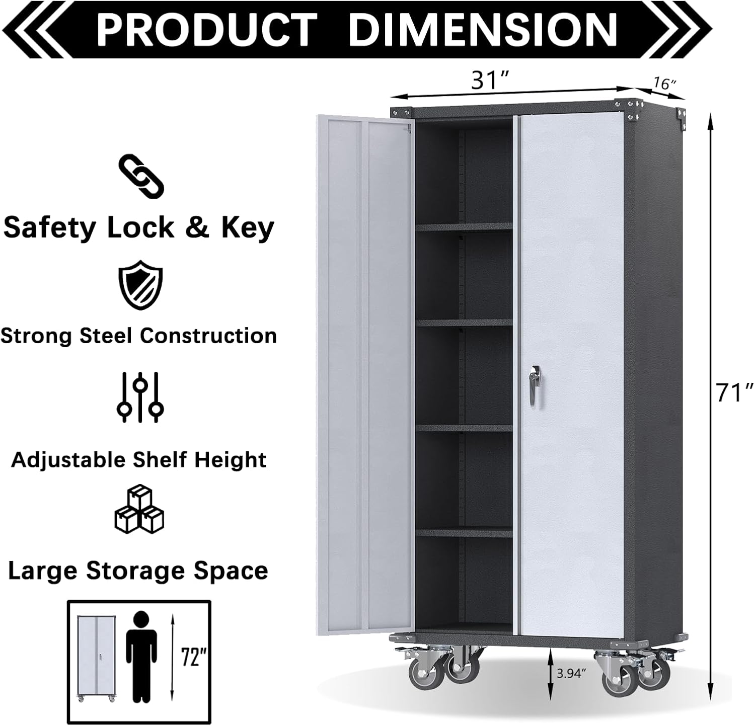 71'' Locking Metal Cabinet with 2 Door and 4 Adjustable Shelves, Lockable Garage Storage Cabinet on Wheels, Rolling Tool Cabinets for Utility Room