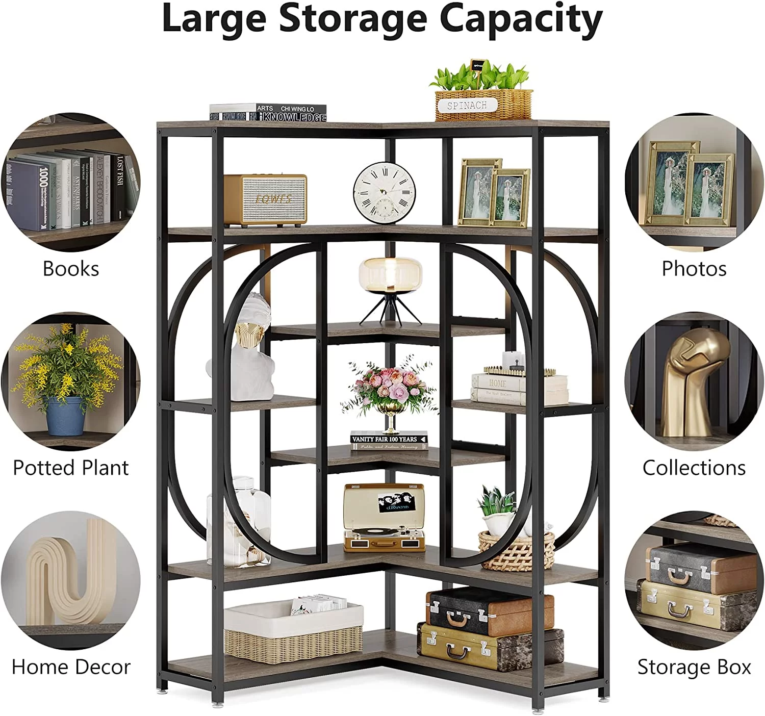 Tribesigns 7-Shelf Corner Bookshelf, L-Shaped Modern Corner Bookcase with Storage, Large Display Rack with Metal Frame for Living Room Home Office
