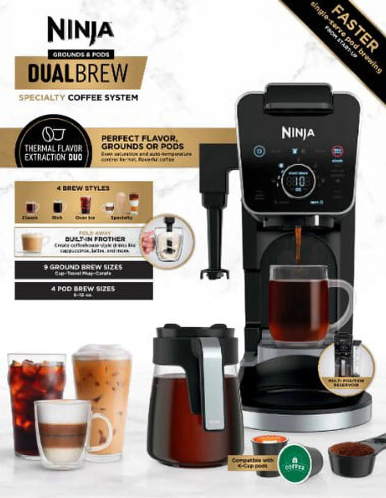 Ninja DualBrew Specialty Drop Coffee Maker, Single-Serve, K-Cup Pod Compatible, 12-Cup, Glass Carafe