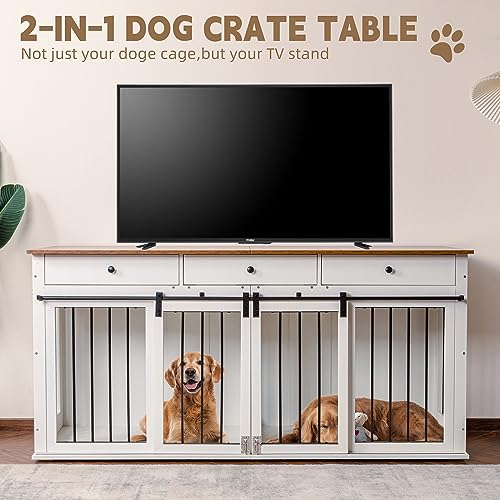 Sunseen Dog Crate Furniture Large Breed Wooden Dog Kennel with Room Divider & 3 Drawer