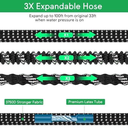 Expandable Garden Hose 100 ft, Upgraded Flexible Water Hose 100ft with 10 Function Spray Nozzle, 3/4" Leakpoof Solid Brass Fittings