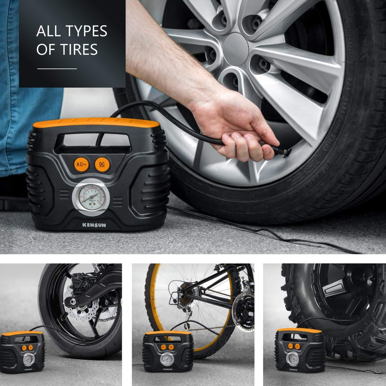 Portable air Compressor Electric tire Pump with Analogue Pressure Gauge for Home (110v) and Car (12v), with Additional adapters for Cars, Trucks