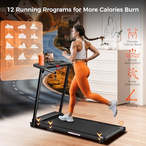 Treadmill with Handles, Portable Small Treadmills for Home and Office, 3.0HP Folding Walking Pad with 300 lbs Capacity, Cup Holder
