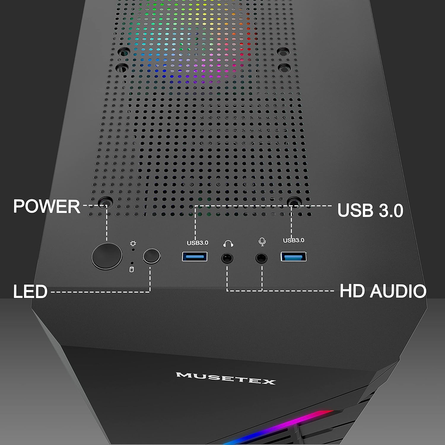 MUSETEX Micro ATX Case, Light Strip LED Computer Case with ARGB Fan, PC Gaming Case Mid Tower Case