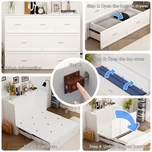 ECACAD Multi-Functional 2-in-1 Murphy Cabinet Bed, Full Size Bed Frame Murphy Bed Chest with Built-in Power Strip & 3 Drawers