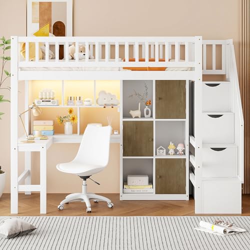 Gaming Bed with Desk,Wardrobe,Ample Storage Space,and RGB LED Light, Full Size Wood Loft Bed for Kids Bedroom (Cloud Blue/K)