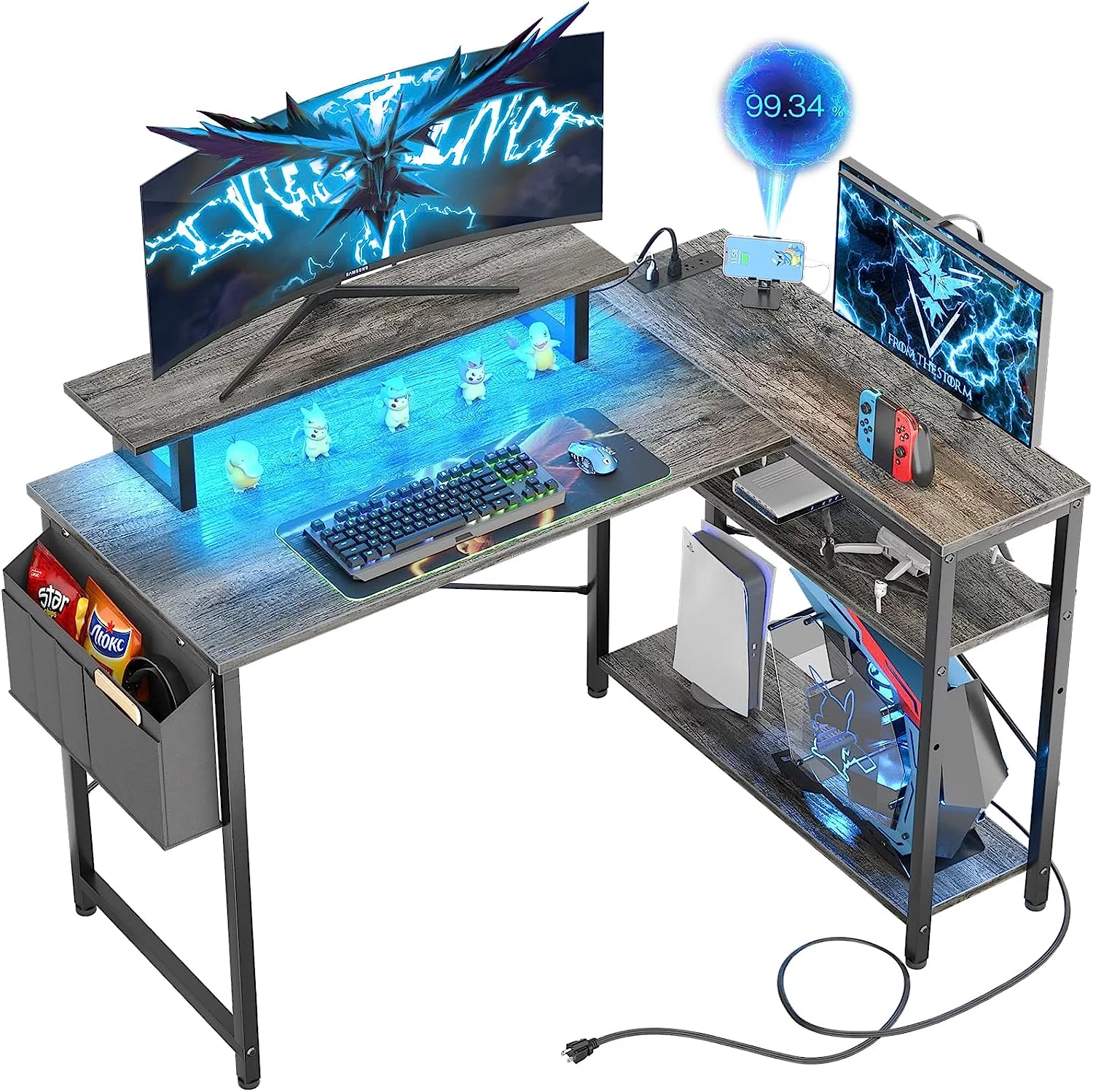 Homieasy L Shaped Desk with Power Outlet & USB Ports, 47 Inch Reversible L-Shaped Gaming Desk with LED Strip & Monitor Stand