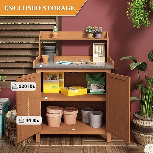 Outdoor Potting Bench with Storage, Wooden Garden Potting Table with Metal Tabletop and Removable Shelf, Potting Work Bench Station for Garden, Patio