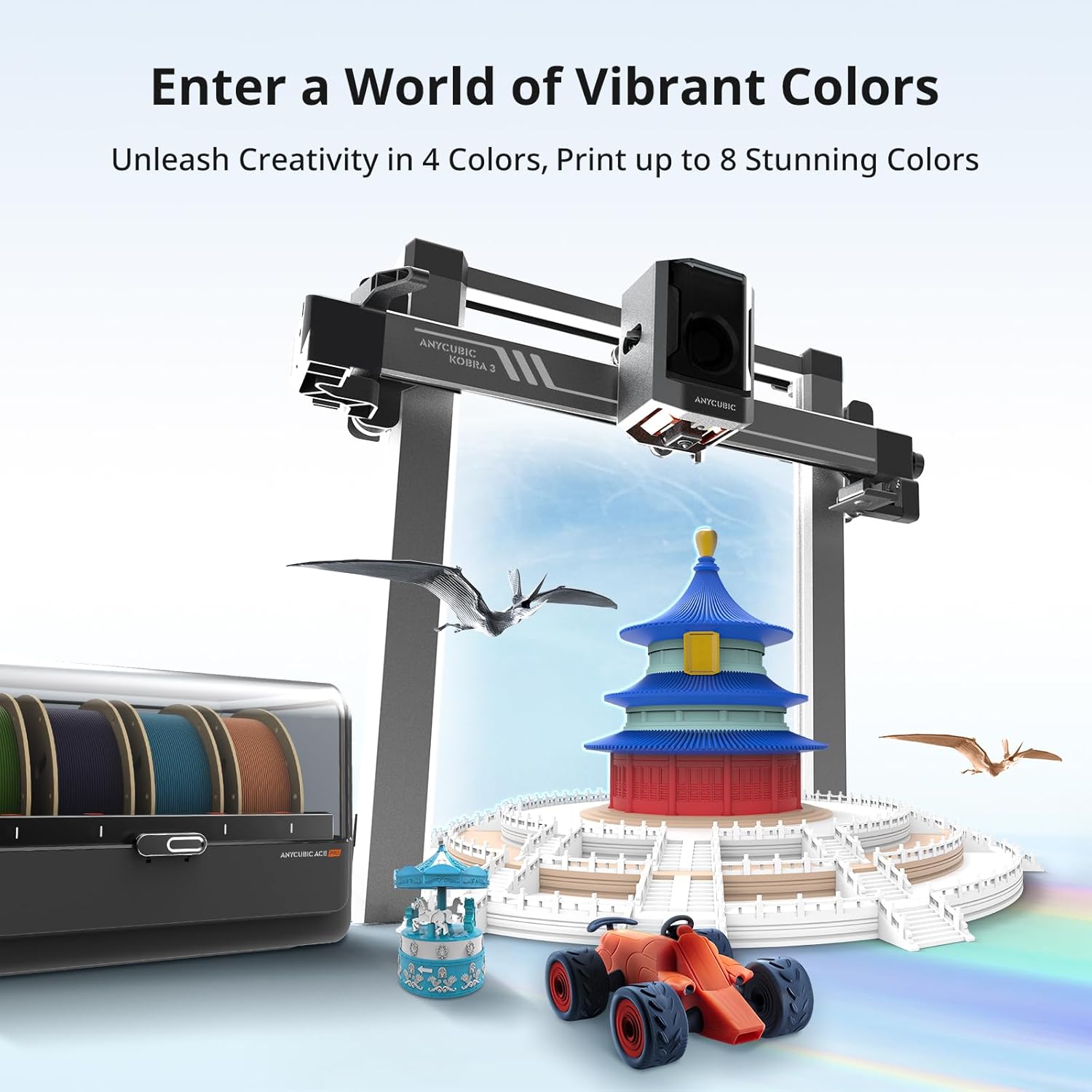 Anycubic Kobra 3 Combo Multi Color 3D Printer and ACE Pro, Smart Multicolor Printing Up to 4 Colors Max 600mm/s High Speed