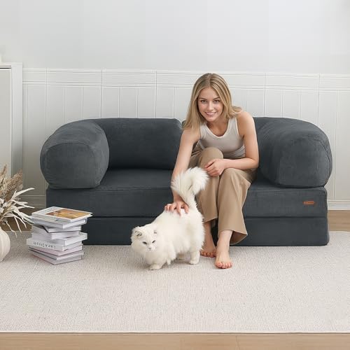COMAX Folding Sofa Bed, Convertible Chair Bed Corduroy 3-in-1 Foldable Floor Couch with High-Density Foam, Futon Sofa Sleeper Mattress