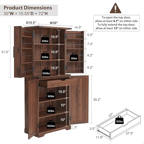 72" Tall Kitchen Pantry, Farmhouse Storage Cabinet with Barn Doors, Organizer, Drawer and Adjustable Shelves, Rustic Wood Cupboard for Kitchen