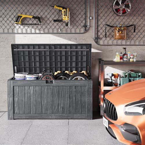 Greesum 120 Gallon Outdoor Storage Box with Lock - Large Resin Deck Box, Reinforced Lid for Garden, Patio, Lawn, Black